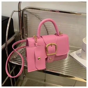 Detail van roze handtas van kiezelleder met gouden gesp en kleine kaarthouder