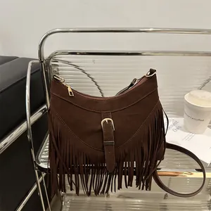 Bolso de Hombro de Gamuza Sintética con Flecos para Mujer Bolso Bandolera Retro con Borlas Bohemio de Cuero PU con Hebilla de Metal