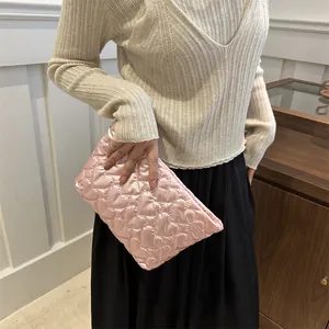 Pink heart quilted handbag with zipper, elegant clutch bag and cosmetic pouch for women