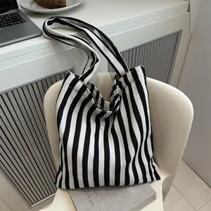 Women Striped Canvas Tote Bag Large Capacity Vertical Stripes Shoulder Bag Vintage Casual Shopping Handbag
