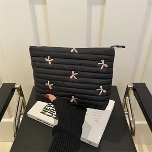 Women Quilted Embroidered Bow Cosmetic Bag Large Capacity Padded Toiletry Storage Organizer Travel Makeup Pouch Zipper Bag