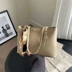 Women's PU Leather Tote Bag with Satin Scarf Minimalist Large Capacity Shoulder Handbag for Daily Commuting Office Bag