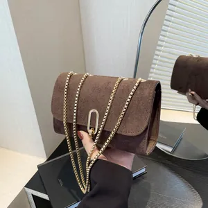Women's Fashion Small Square Bag Vintage Suede Texture PU Leather Crossbody Bag Gold Chain Strap Metal Lock Shoulder Bag