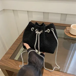 Trendy Rhinestone Bucket Bag For Women With Artificial Pearl Drawstring Metal Chain Strap Fashion Crossbody Shoulder Bag For Party Wedding