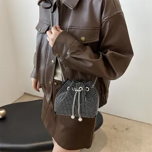 Sparkly black PU rhinestone bucket bag with pearl drawstring and metal chain strap
