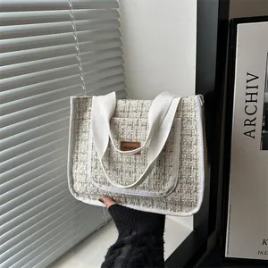 Sac Tote en Tweed Grande Capacité pour Femmes Motif Plaid Élégant Sac à Épaule Minimaliste Sac Décontracté Voyage pour Femmes