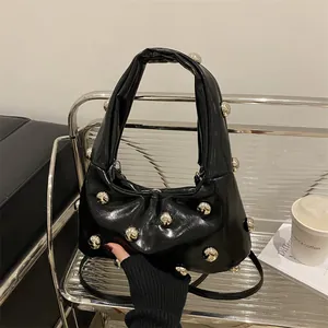 Rivet Studded PU Leather Shoulder Bag Women Fashion Pleated Underarm Crossbody Handbag Large Capacity 2025 Trendy Bag