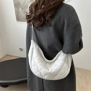 Quilted white hobo shoulder bag with minimalist diamond stitching for women's fashion