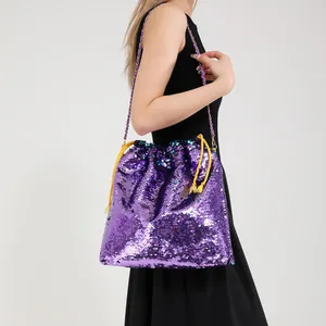 Sparkly purple sequin drawstring bucket bag with gold chain strap for women