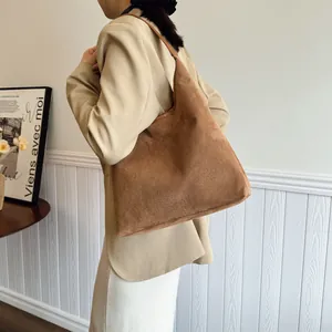 Minimalist vintage brown suede tote bag with large capacity for women casual style