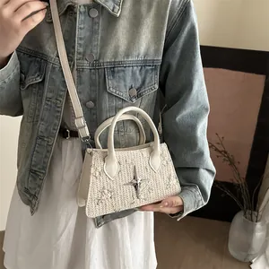 Straw tote bag with floral embroidery and star detail for women in cream white