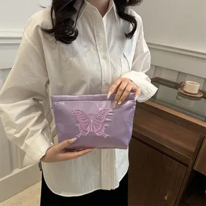 Elegant purple satin tote bag with pink butterfly embroidery for women's daily use