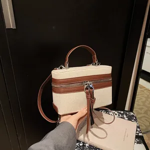 Sac Boîte pour Femmes en Toile et Cuir PU Bloc de Couleur Bandoulière Sac à Main Double Fermeture Éclair Longues Franges