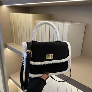 Women's Vintage Quilted Small Square Bag With Faux Fur Trim PU Leather Crossbody Bag Gold Twist Lock Fashion Handbag