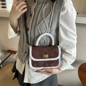 Brown suede crossbody bag with fleece trim and diamond quilting for women fashion