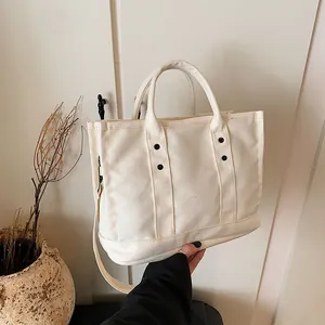 Women Fashion Canvas Tote Bag Large Capacity Casual Shoulder Bag Versatile Handbag With Detachable Strap Rivet Decor
