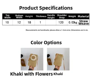 Detailed size chart for straw sunflower crossbody bag with precise dimensions and weight