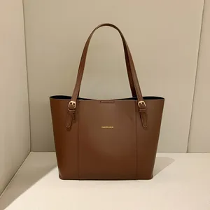 Brown leather color-block tote bag with large capacity and gold fashion brand lettering