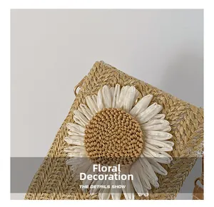 Detailed view of woven straw bag texture featuring a delicate white daisy flower ornament