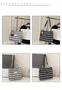 Detailed size comparison of checkered wool tote bag with plush charm and chain strap