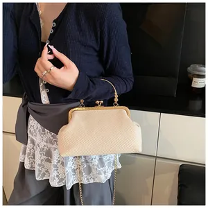 Detailed view of beige woven clutch bag with gold metal frame and spherical clasp