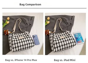 Size comparison of plaid tweed tote bag with iPhone and iPad for scale reference