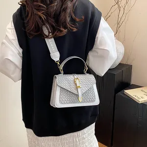 Light gray woven texture crossbody bag with adjustable herringbone strap and gold hardware
