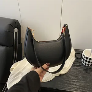 Women Minimalist Pebbled PU Leather Crescent Hobo Underarm Bag Gold Hardware Zipper Shoulder Bag Daily Commute