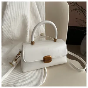Detailed view of white minimalist square crossbody bag with gold buckle and leather texture