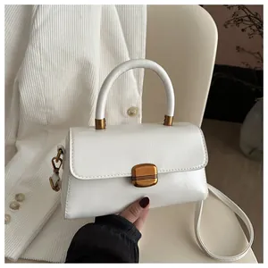 Close-up of white minimalist small square bag with vintage gold metal lock and top handle