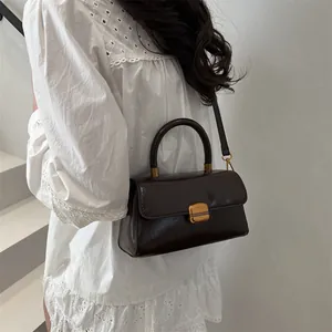Chic dark brown leather top handle bag with gold clasp and elegant shoulder strap