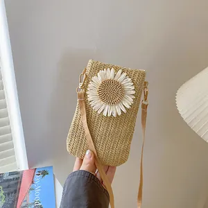 Women's Fashion Straw Woven Phone Bag With Sunflower Decoration Small Vertical Crossbody Bag Casual Beach Shoulder Bag