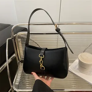 Vintage PU Leather Underarm Shoulder Bag For Women Solid Color Small Square Bag With Gold Piston Lock Adjustable Strap Chic