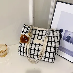 Women Vintage Plaid Tweed Tote Bag For Women Large Capacity Shoulder Bag With Plush Charm Fashion Chain Strap Grid Handbag