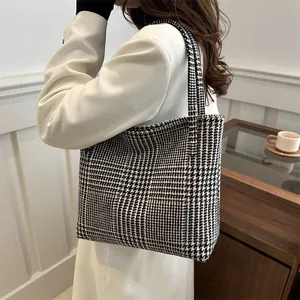 Classic black and white houndstooth tote bag for women, stylish large capacity shoulder bag