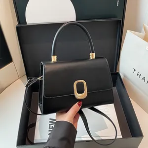 Women Minimalist PU Leather Small Square Handbag Fashion Top Handle Crossbody Bag Golden Metal Buckle Elegant Daily Purse