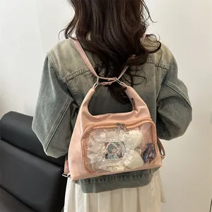 Pink large capacity ita bag with transparent window and lace detail for anime badges
