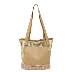 Large capacity woven straw tote bag with faux leather pocket for summer beach travel