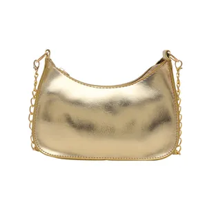 Fashionable metallic gold crescent shoulder bag with chain strap for women