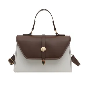 Minimalist white and brown crossbody bag with gold buckle and top handle for women