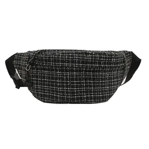 Minimalist black and white plaid tweed waist bag for women with adjustable black strap