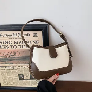 Sac Sous le Bras en Toile et Cuir PU avec Surpiqûres Contrastées Vintage Sac à Épaule Carré Bandoulière Petit Sac à Main
