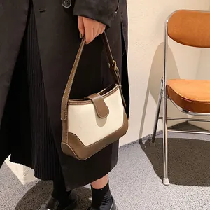 Sac bandoulière rétro en toile pour femmes avec bordure en cuir marron de style vintage