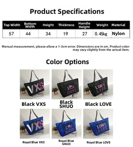 Size chart showing large nylon travel tote dimensions with multi-color print options