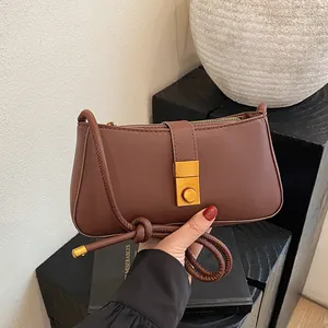 Women Minimalist PU Leather Underarm Bag Vintage Solid Color Shoulder Bag With Gold Buckle Knot Strap Commuter Handbag