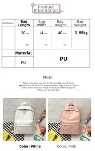 Detailed size chart and dimensions of the PU leather minimalist school backpack