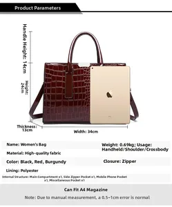 Detailed size chart of wine red crocodile pattern handbag with specific dimensions shown
