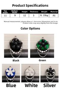 Detailed size chart and dimensions of the mini flower chain bag with five color variants