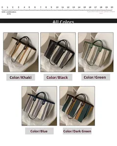 Detailed close-up showing various striped canvas tote bags with elegant chain decorations