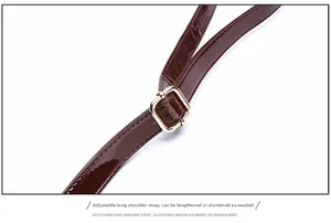 Adjustable dark brown patent faux leather strap with golden metal buckle for handbags